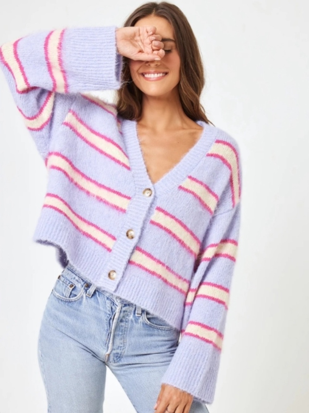 l*space Montauk Lavender Striped V-Neck Button Cardigan Swim Cover Up Sold Out